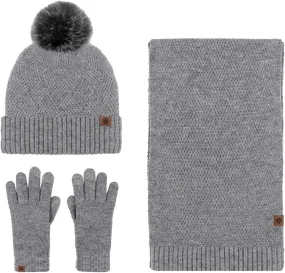 Winter Warm Beanie Knit Hat Neck Scarf Touchscreen Gloves Set with Wool Lined Snow Skull Caps Gifts for Women Men (Grey, One Size)