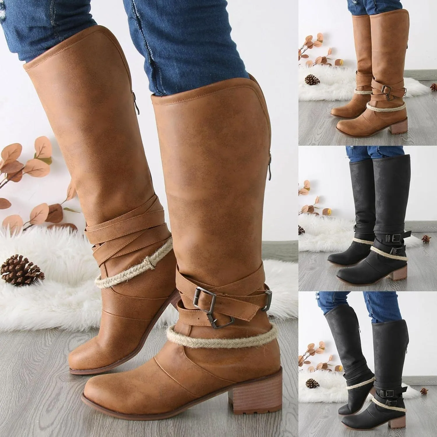 Women Boots Western Cowgirl Cowboy Boots Wide Calf Round Toe Vintage Embroidered Pull On Boots Shoes