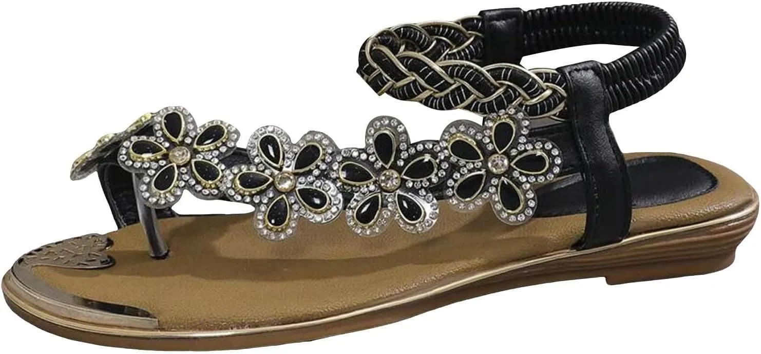 Women Flat Floral Flip Flops Boho Casual Shoes Women's Orthopaedic Sandals Elegant Cork Sandals for Women Suede (Black, 9)