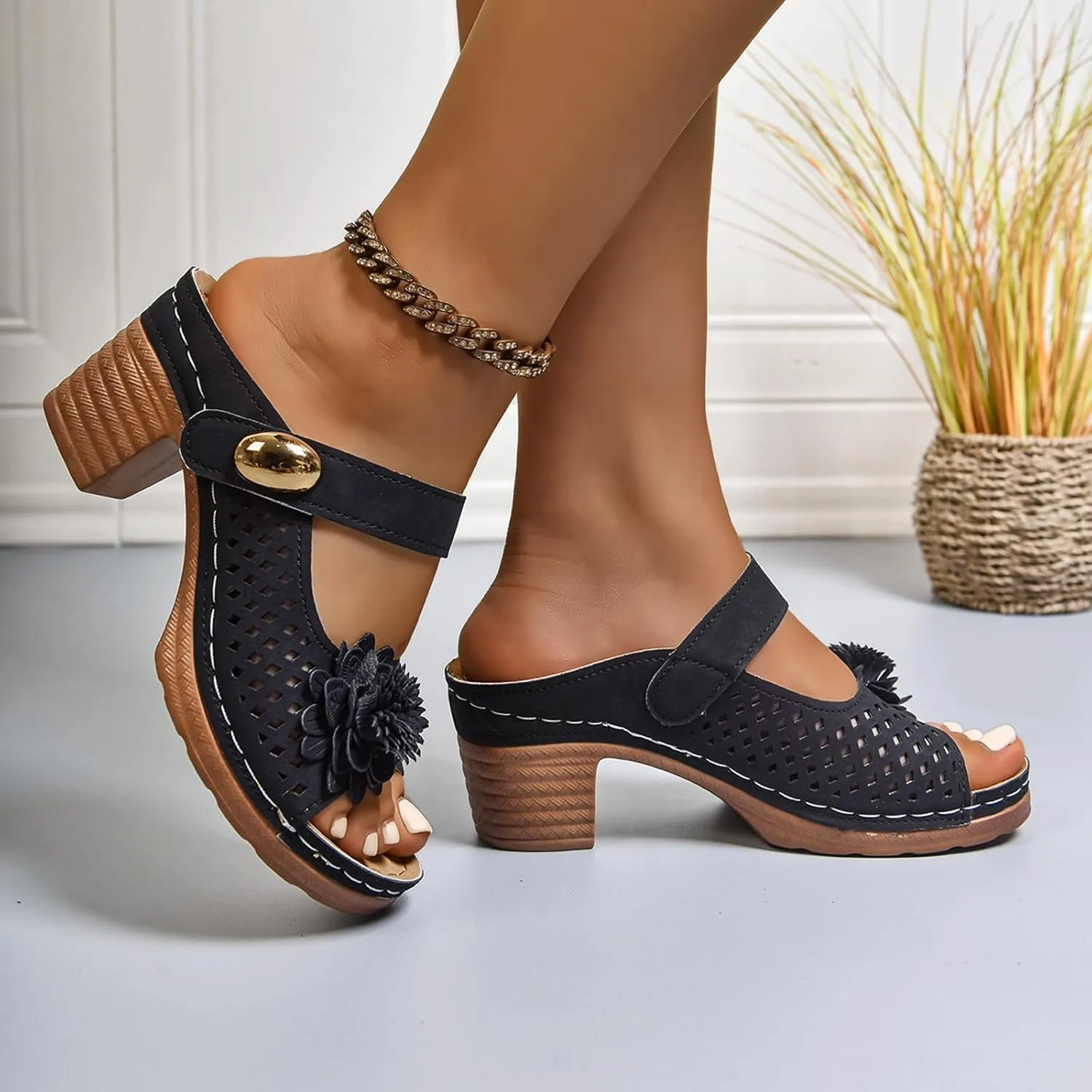 Women Sandals Comfortable Walking Fashionable Thick Heel Sandals For Women Thick Heel Fish Mouth One Word Flower