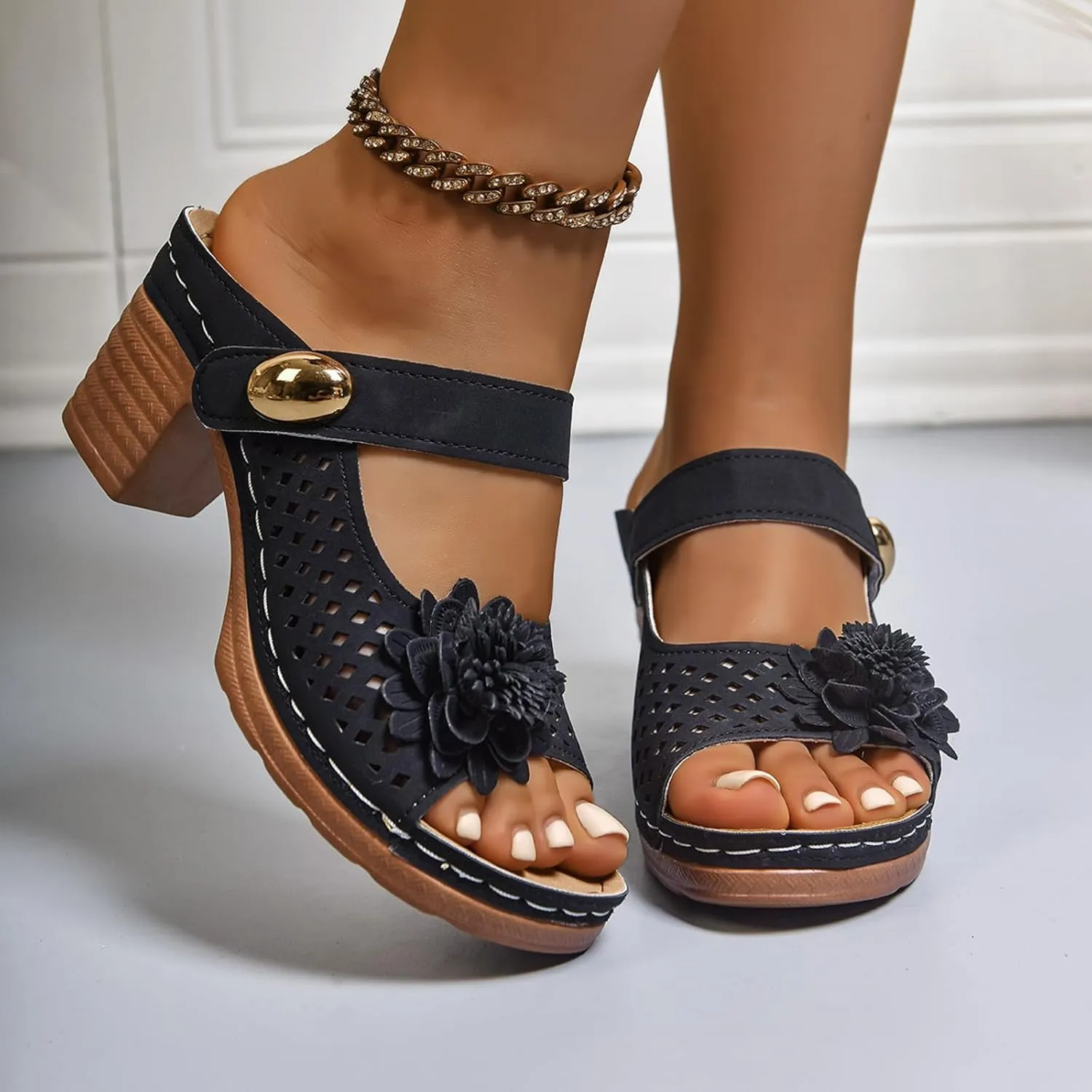 Women Sandals Comfortable Walking Fashionable Thick Heel Sandals For Women Thick Heel Fish Mouth One Word Flower