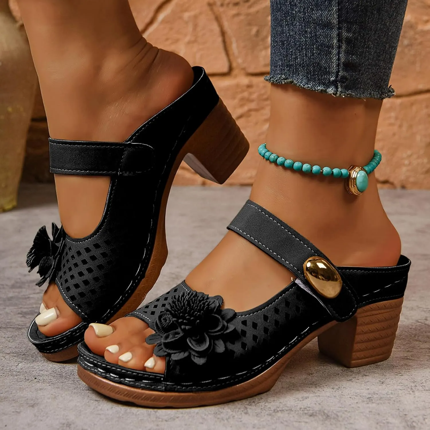 Women Sandals Comfortable Walking Fashionable Thick Heel Sandals For Women Thick Heel Fish Mouth One Word Flower