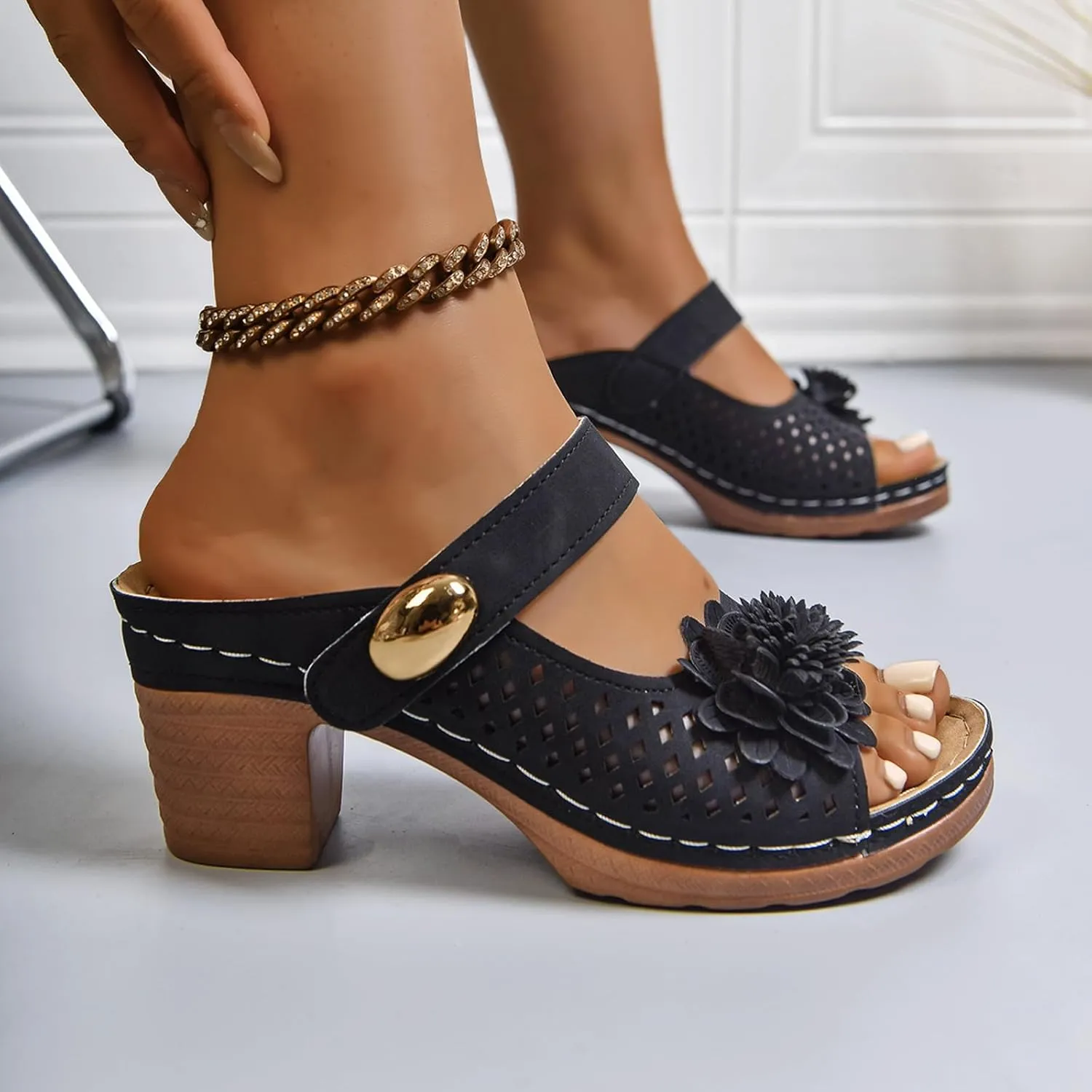 Women Sandals Comfortable Walking Fashionable Thick Heel Sandals For Women Thick Heel Fish Mouth One Word Flower