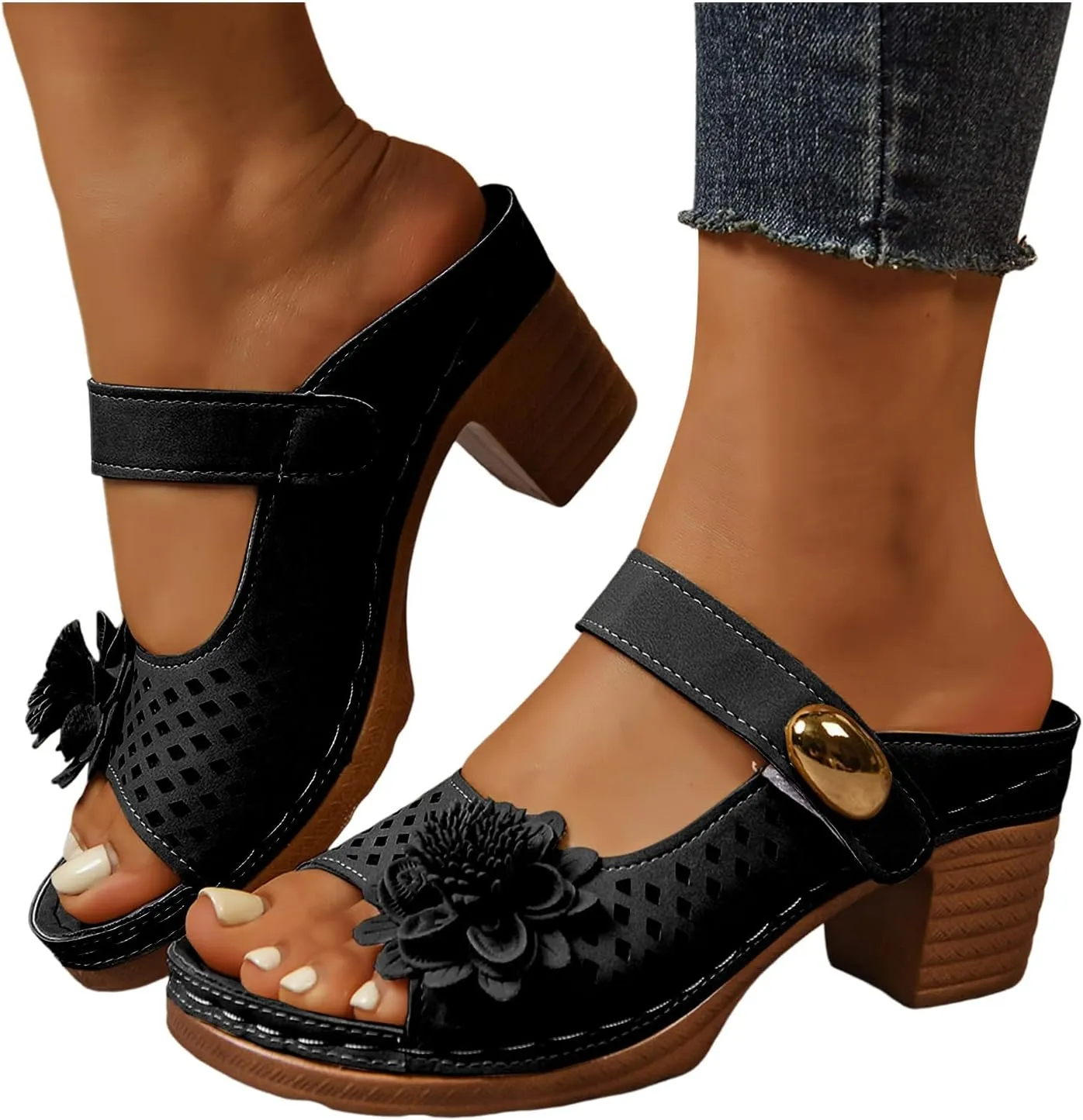 Women Sandals Comfortable Walking Fashionable Thick Heel Sandals For Women Thick Heel Fish Mouth One Word Flower