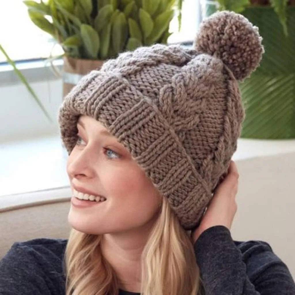 Womens Beanie Hat Fleece Lined Pompom Hat Winter Knitted Beanies Warm Cable Beanie Hat Thick Sports Beanies