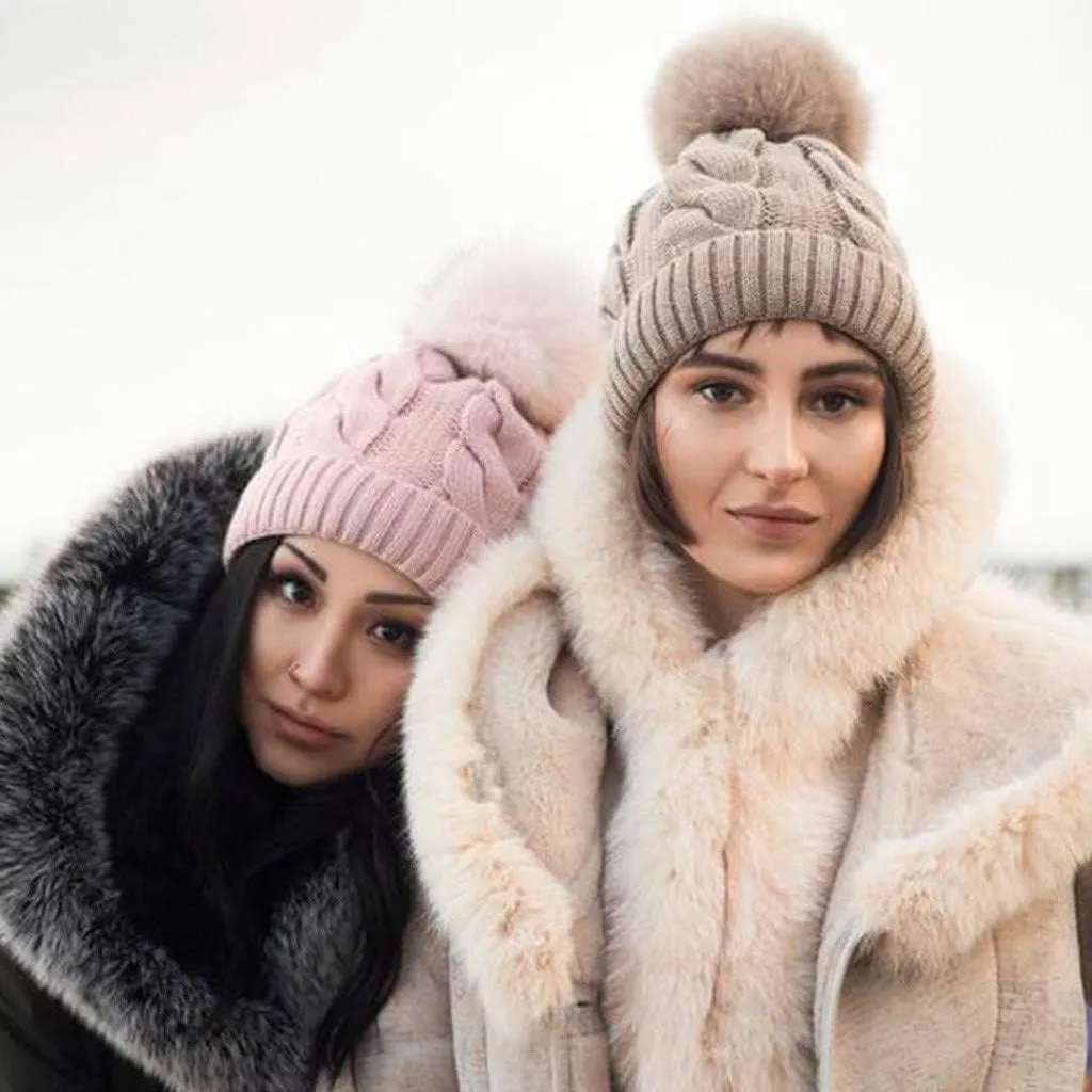 Womens Beanie Hat Fleece Lined Pompom Hat Winter Knitted Beanies Warm Cable Beanie Hat Thick Sports Beanies
