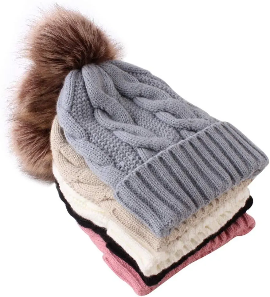 Womens Beanie Hat Fleece Lined Pompom Hat Winter Knitted Beanies Warm Cable Beanie Hat Thick Sports Beanies
