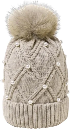 Womens Beanie Hat with Pompom Cotton Cuffed Knit Hat Winter Warm Fall Beanie Hat Slouchy Fashion Beanie Hat for Skiing