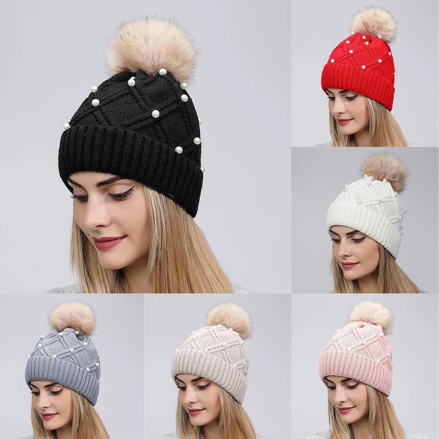 Womens Beanie Hat with Pompom Cotton Cuffed Knit Hat Winter Warm Fall Beanie Hat Slouchy Fashion Beanie Hat for Skiing