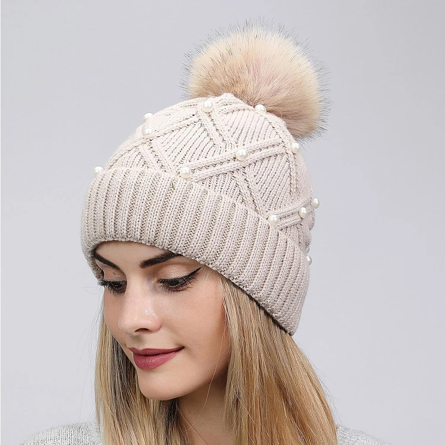 Womens Beanie Hat with Pompom Cotton Cuffed Knit Hat Winter Warm Fall Beanie Hat Slouchy Fashion Beanie Hat for Skiing