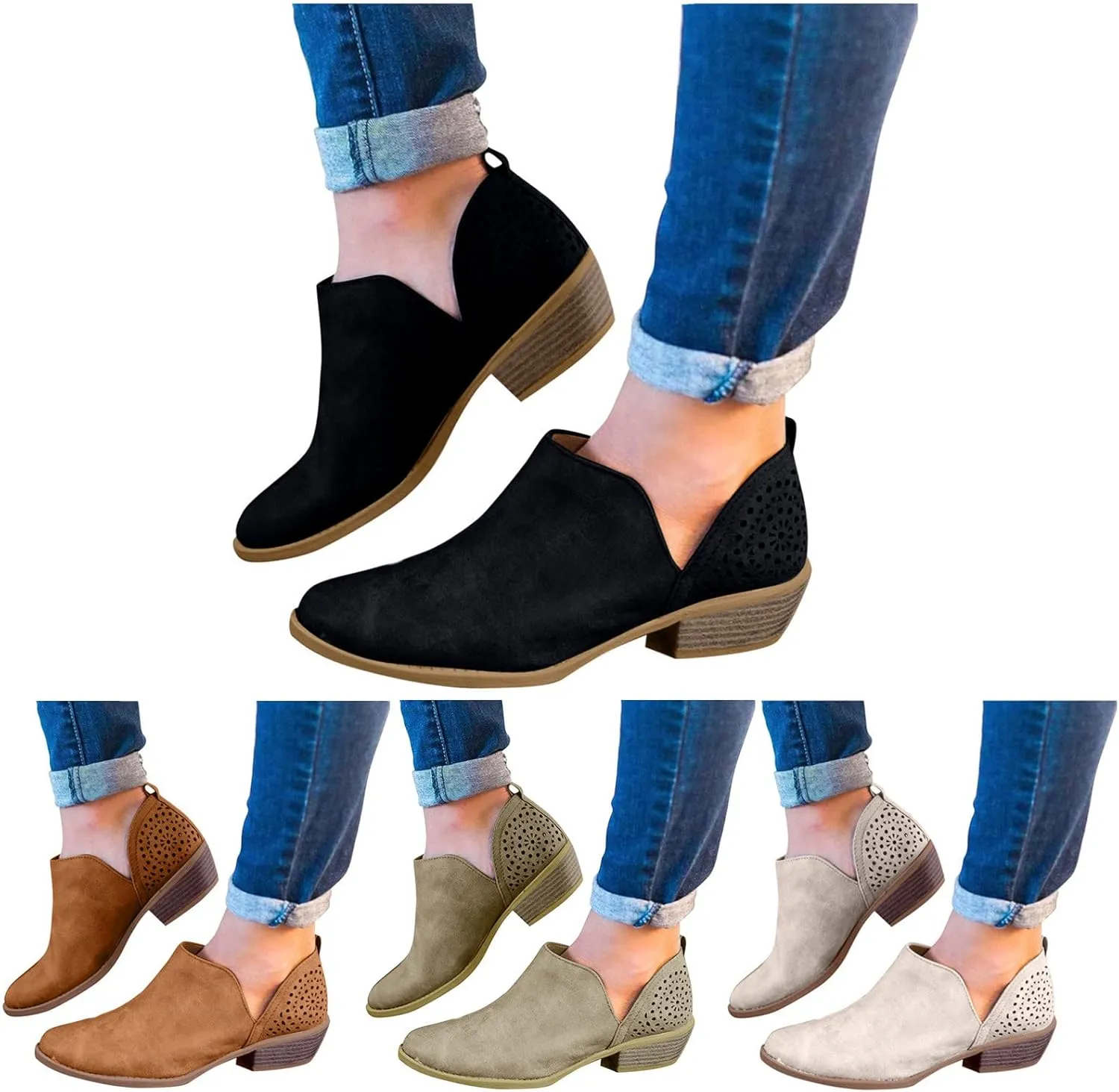 Womens Boots Platform Ankle Boots Western Cowboy Boots Pointed Toe Fashion Retro Classic Low Heel Ankle Booties