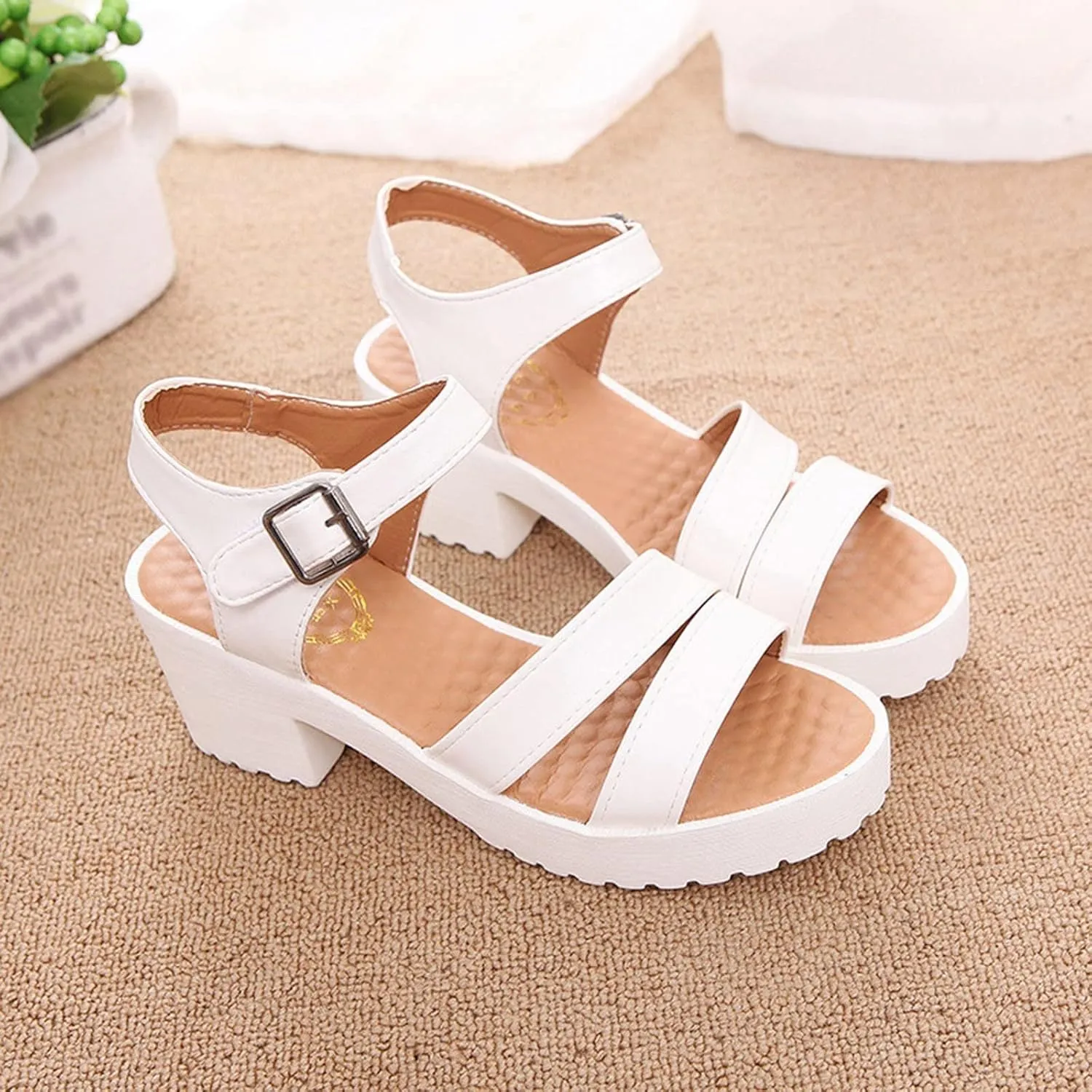 Women's Chunky Shoes Heels Sandals Breathable Casual Fashion Dress Sandals Adjustable Ankle Leather Sandals Women Size 9