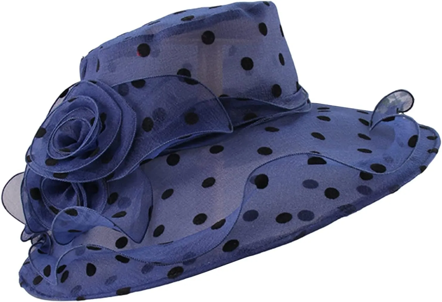 Women's Derby Church Dress Hat Polka Dots Organza Flower Fascinator Wide Brim Bridal Shower Wedding Tea Party Hat