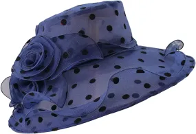 Women's Derby Church Dress Hat Polka Dots Organza Flower Fascinator Wide Brim Bridal Shower Wedding Tea Party Hat