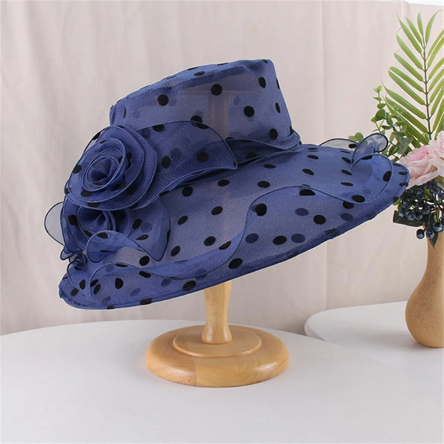 Women's Derby Church Dress Hat Polka Dots Organza Flower Fascinator Wide Brim Bridal Shower Wedding Tea Party Hat