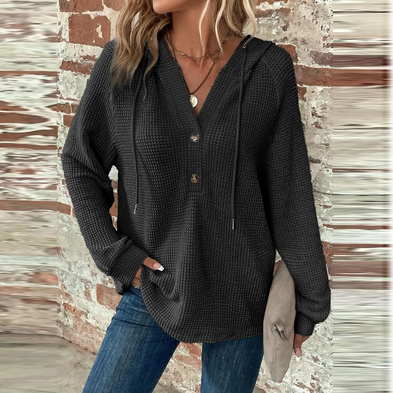 Womens Fall Fashion 2024 ButtonDown Henley V Neck Sweatshirts Waffle Drawstring Hoodie Solid Long Sleeve Pullover