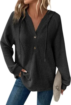 Womens Fall Fashion 2024 ButtonDown Henley V Neck Sweatshirts Waffle Drawstring Hoodie Solid Long Sleeve Pullover