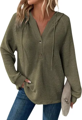 Womens Fall Fashion 2024 ButtonDown Henley V Neck Sweatshirts Waffle Drawstring Hoodie Solid Long Sleeve Pullover