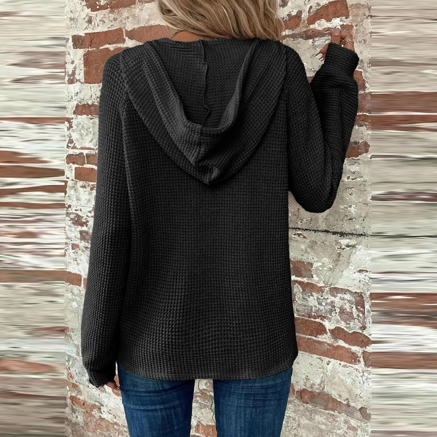 Womens Fall Fashion 2024 ButtonDown Henley V Neck Sweatshirts Waffle Drawstring Hoodie Solid Long Sleeve Pullover