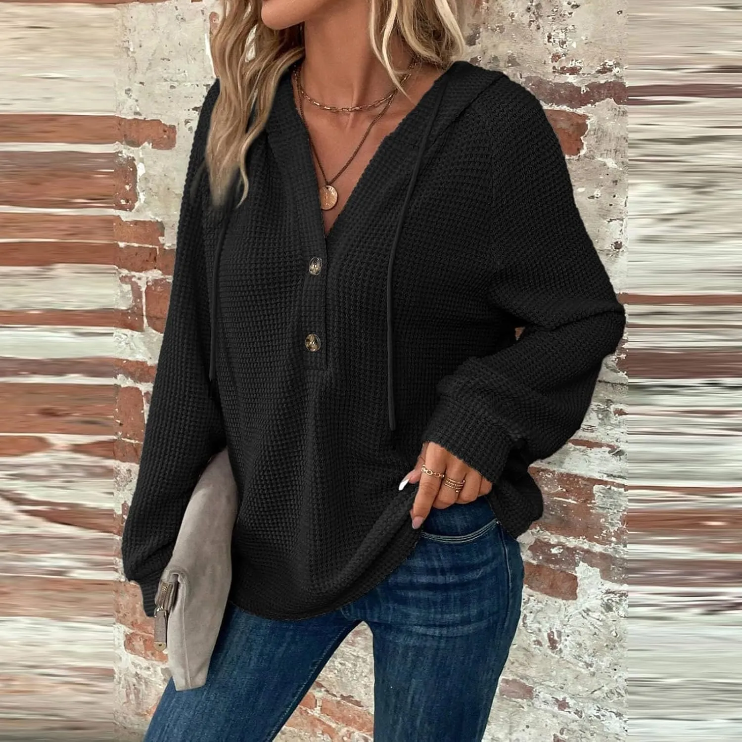 Womens Fall Fashion 2024 ButtonDown Henley V Neck Sweatshirts Waffle Drawstring Hoodie Solid Long Sleeve Pullover