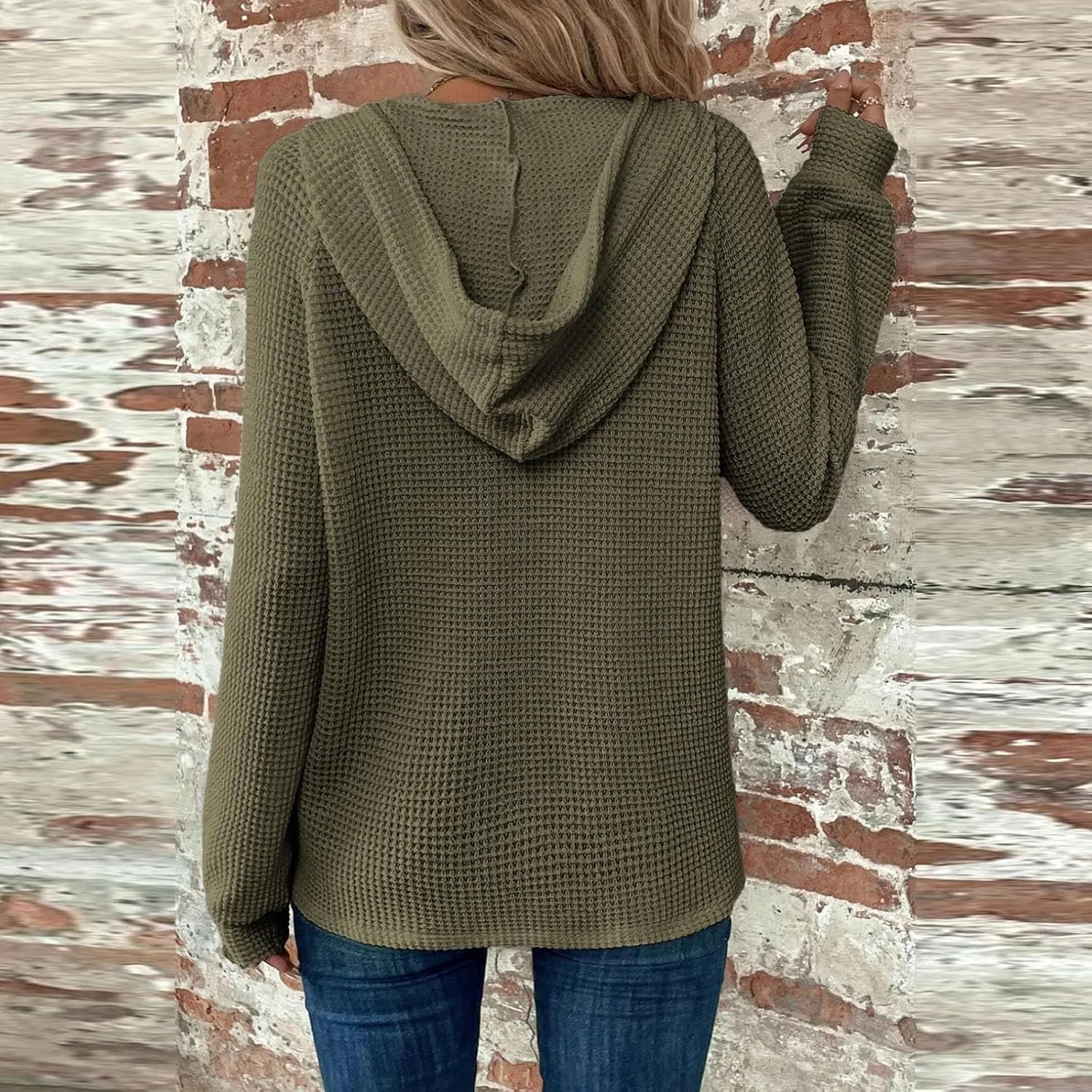 Womens Fall Fashion 2024 ButtonDown Henley V Neck Sweatshirts Waffle Drawstring Hoodie Solid Long Sleeve Pullover