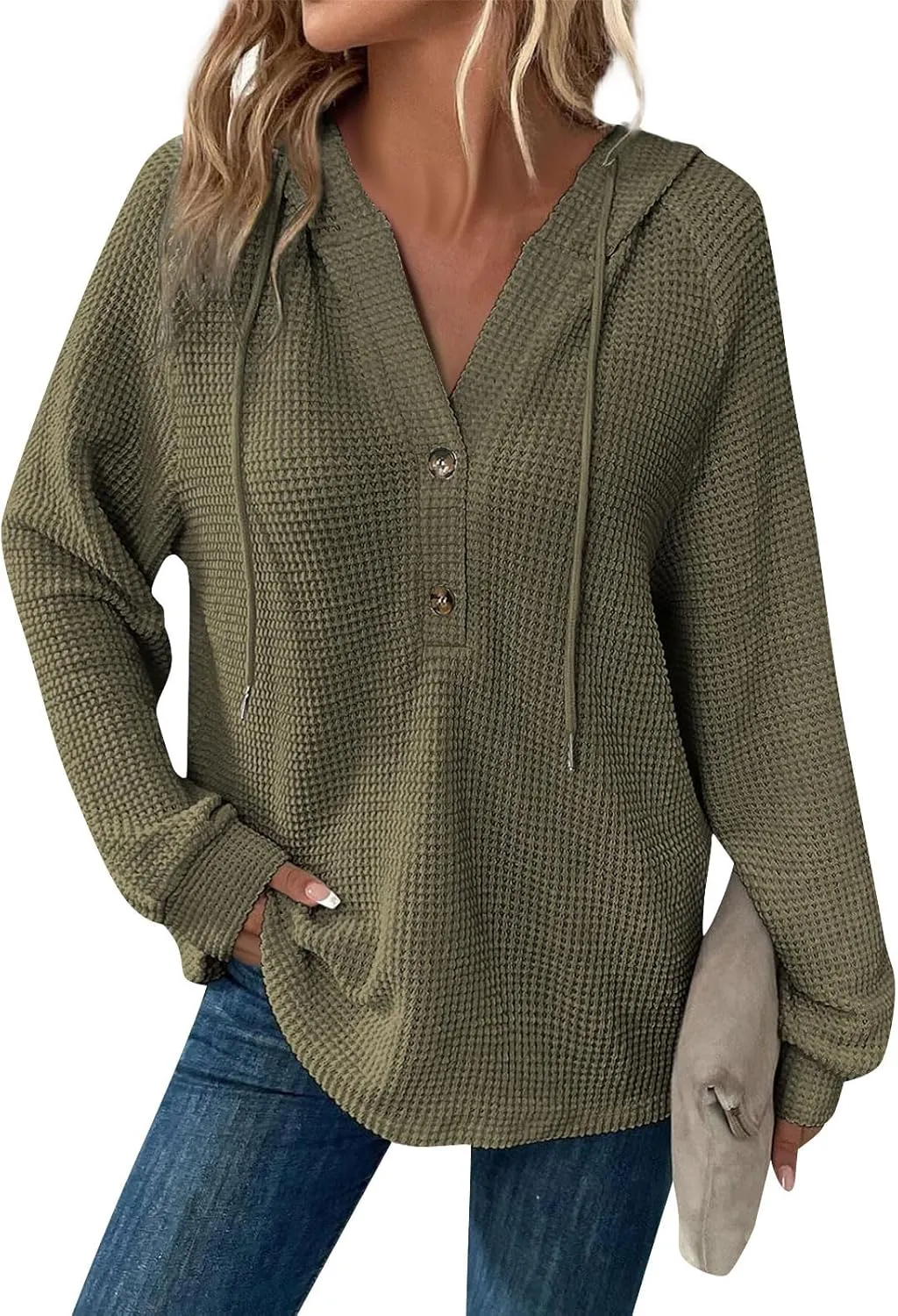 Womens Fall Fashion 2024 ButtonDown Henley V Neck Sweatshirts Waffle Drawstring Hoodie Solid Long Sleeve Pullover