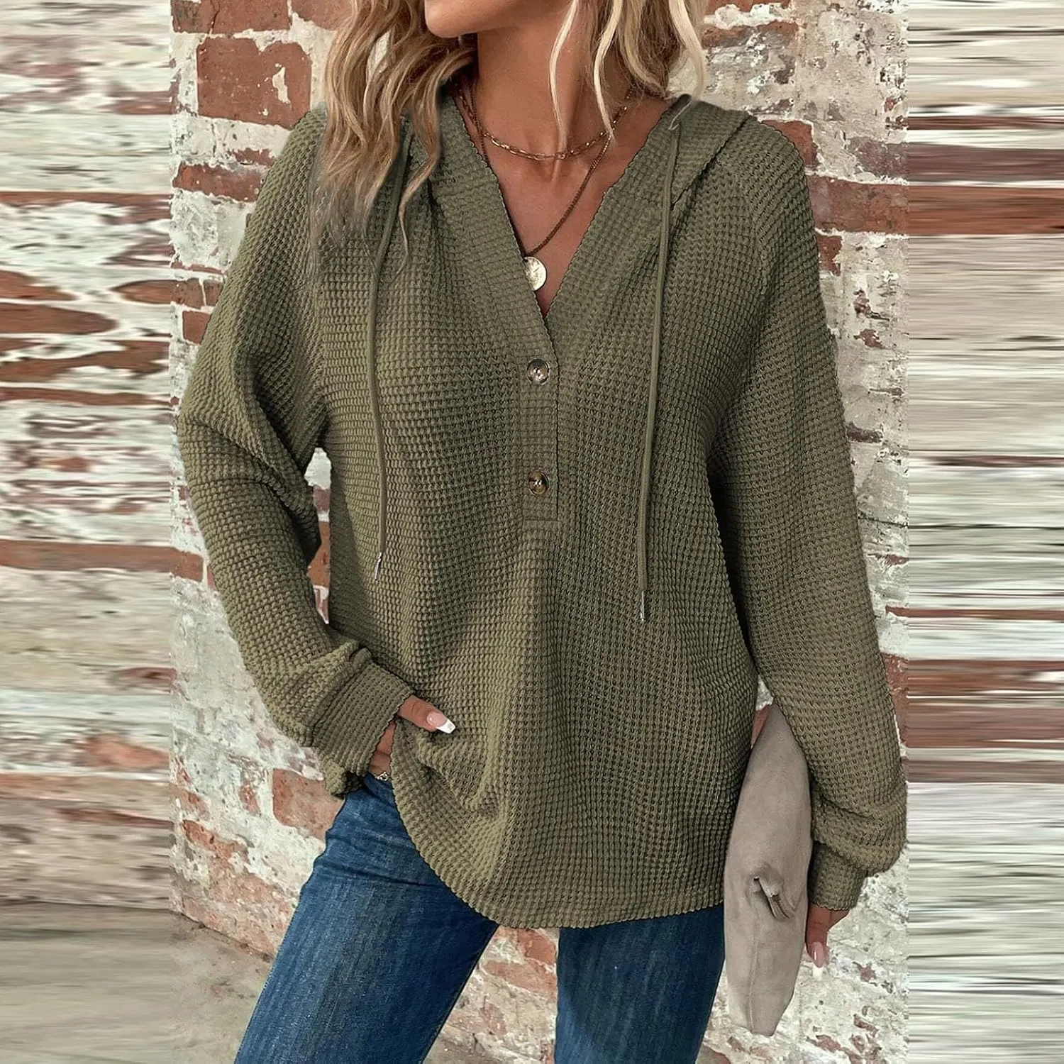 Womens Fall Fashion 2024 ButtonDown Henley V Neck Sweatshirts Waffle Drawstring Hoodie Solid Long Sleeve Pullover