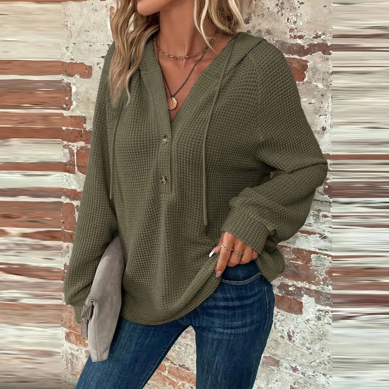 Womens Fall Fashion 2024 ButtonDown Henley V Neck Sweatshirts Waffle Drawstring Hoodie Solid Long Sleeve Pullover