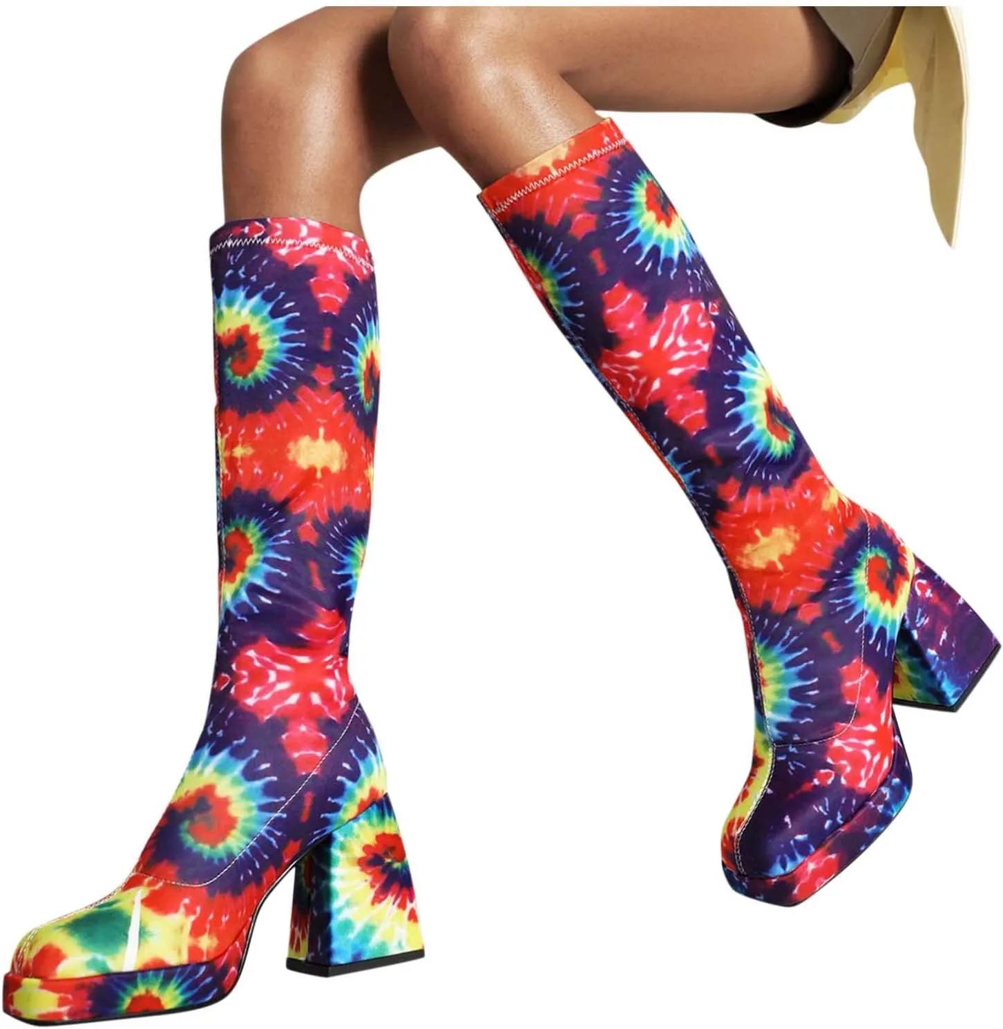 Women's Fashion Mid Calf Boots Snakeskin Print Thigh Platform Boots Chunky Pattern Mid Calf Sock Boot Heels Women