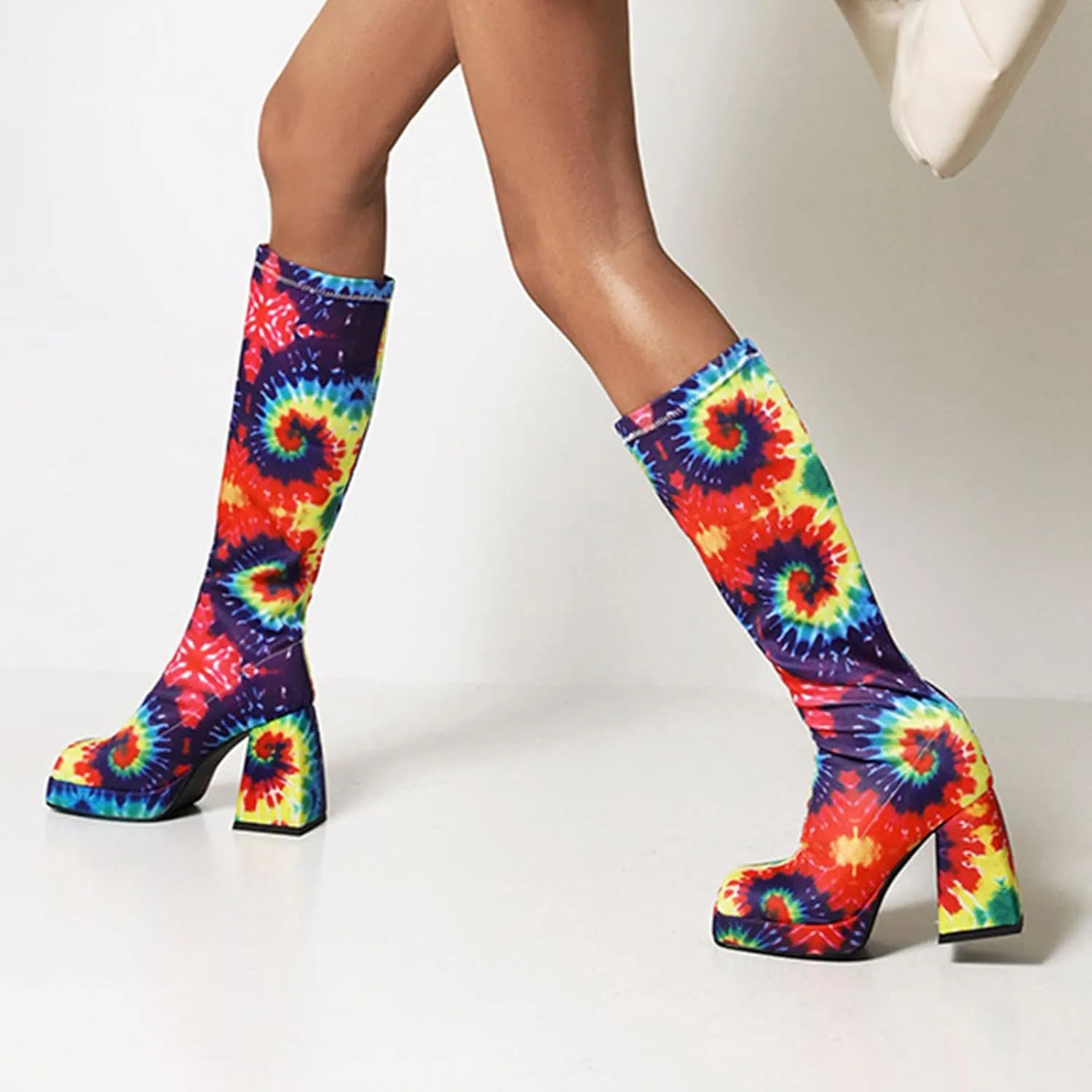 Women's Fashion Mid Calf Boots Snakeskin Print Thigh Platform Boots Chunky Pattern Mid Calf Sock Boot Heels Women