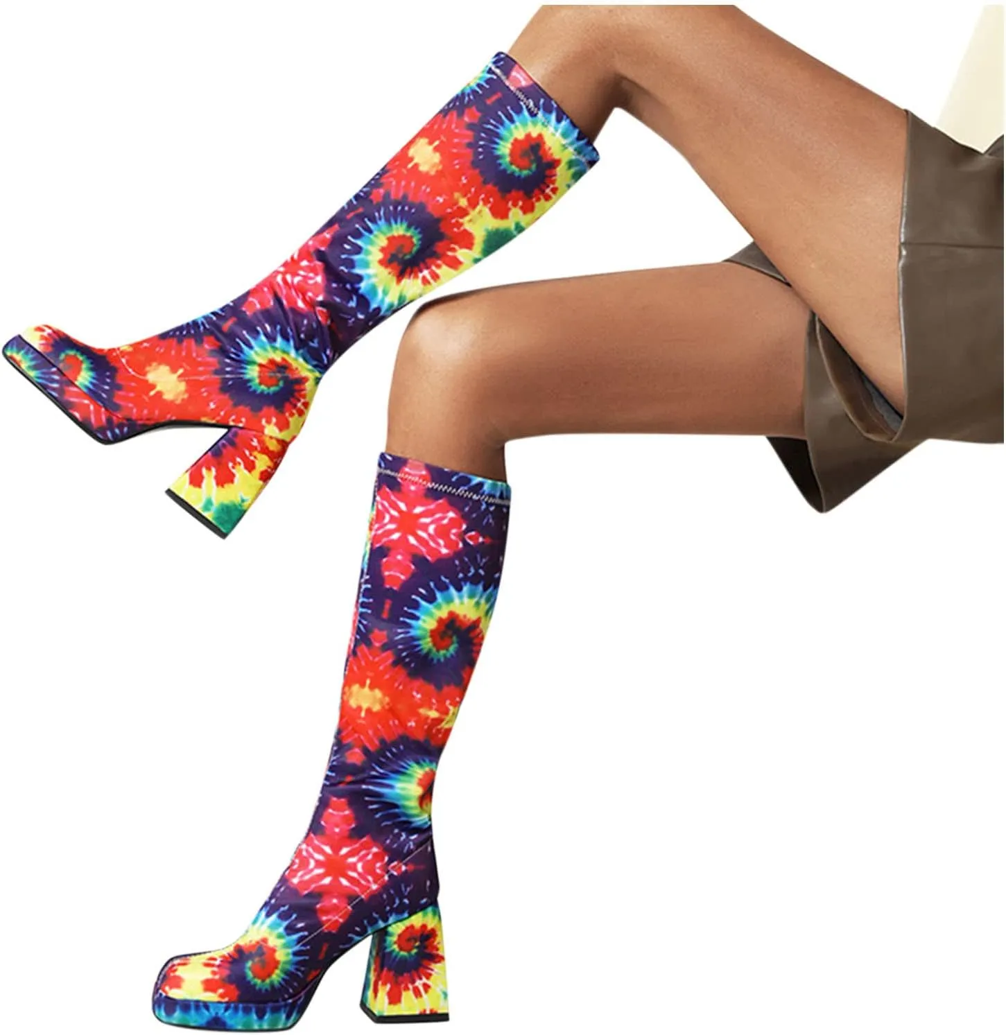 Women's Fashion Mid Calf Boots Snakeskin Print Thigh Platform Boots Chunky Pattern Mid Calf Sock Boot Heels Women