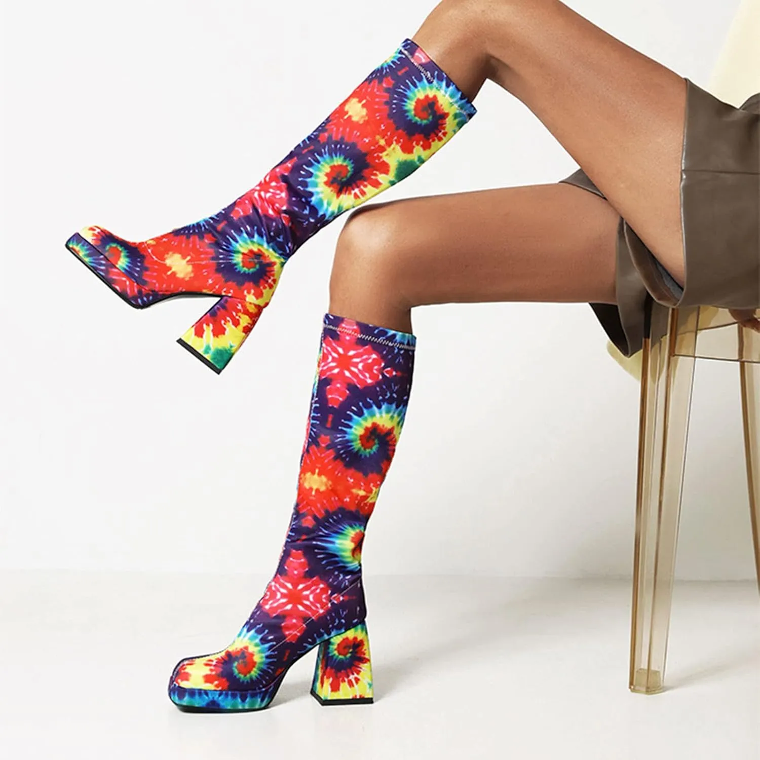 Women's Fashion Mid Calf Boots Snakeskin Print Thigh Platform Boots Chunky Pattern Mid Calf Sock Boot Heels Women