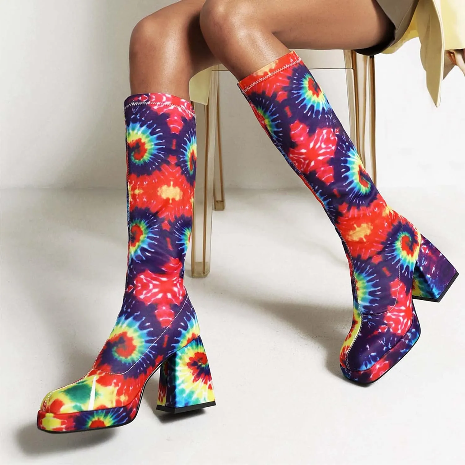 Women's Fashion Mid Calf Boots Snakeskin Print Thigh Platform Boots Chunky Pattern Mid Calf Sock Boot Heels Women