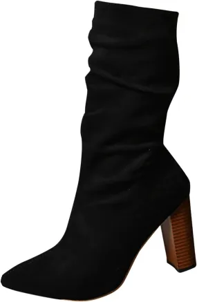 Women's Heel Mid Calf Boots Solid Flock Pointed Thick Heels Comfortable Slip On High Heels Tall Leather Boots Women