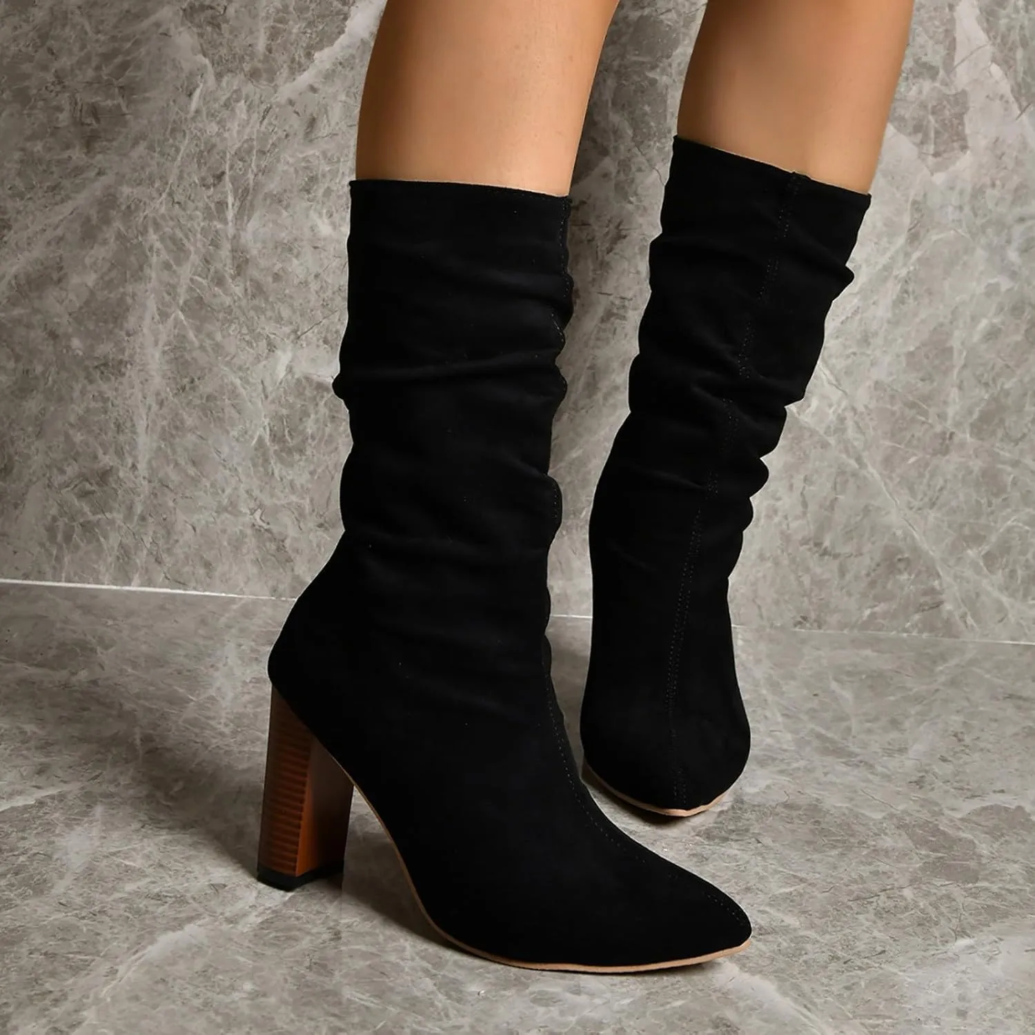Women's Heel Mid Calf Boots Solid Flock Pointed Thick Heels Comfortable Slip On High Heels Tall Leather Boots Women
