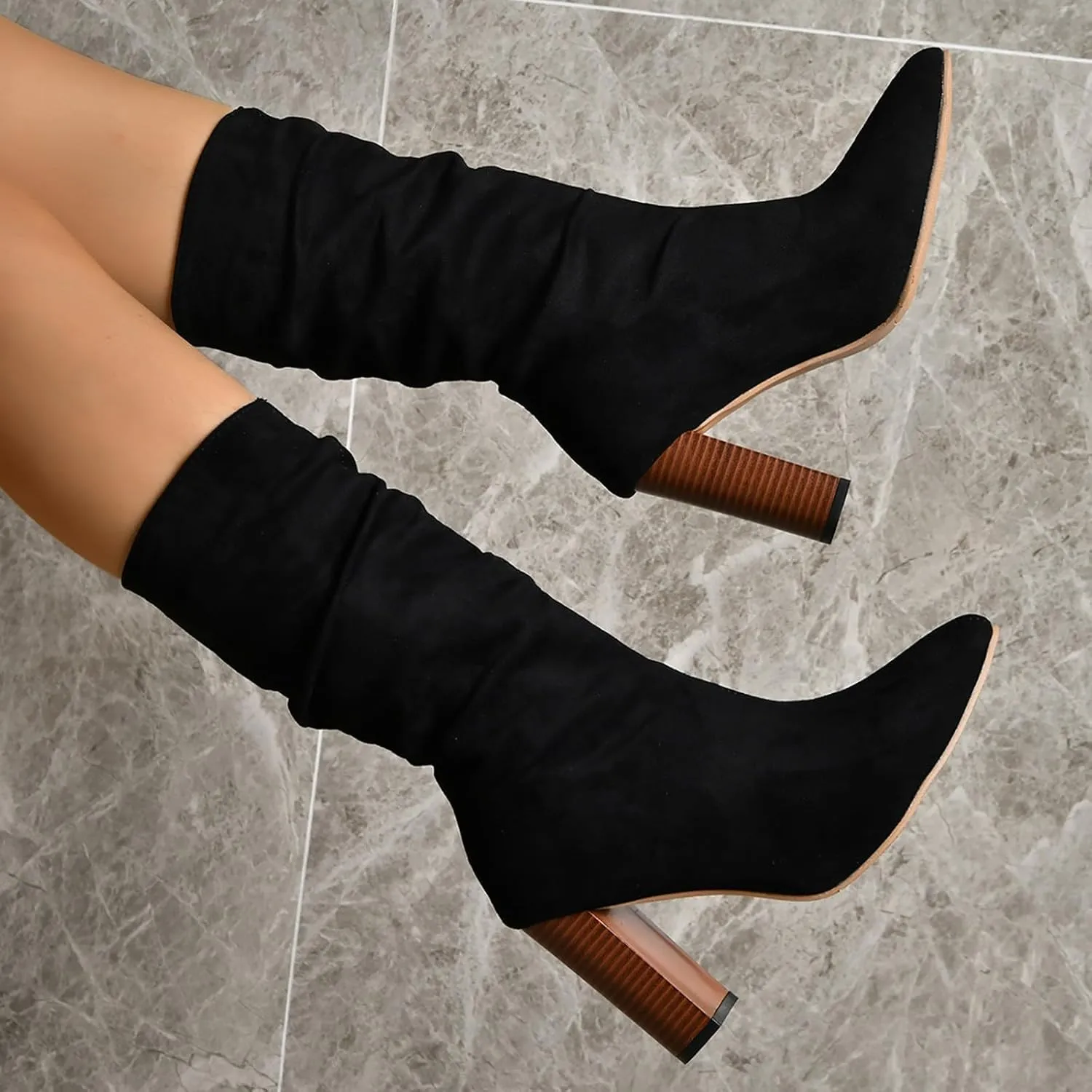 Women's Heel Mid Calf Boots Solid Flock Pointed Thick Heels Comfortable Slip On High Heels Tall Leather Boots Women