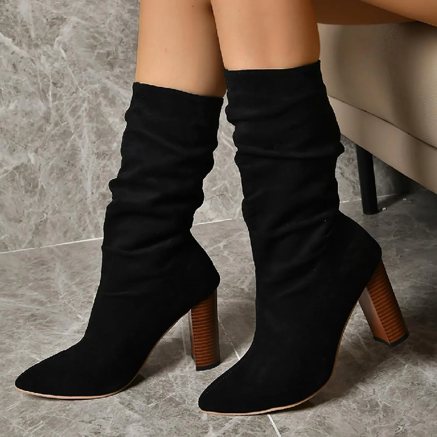 Women's Heel Mid Calf Boots Solid Flock Pointed Thick Heels Comfortable Slip On High Heels Tall Leather Boots Women