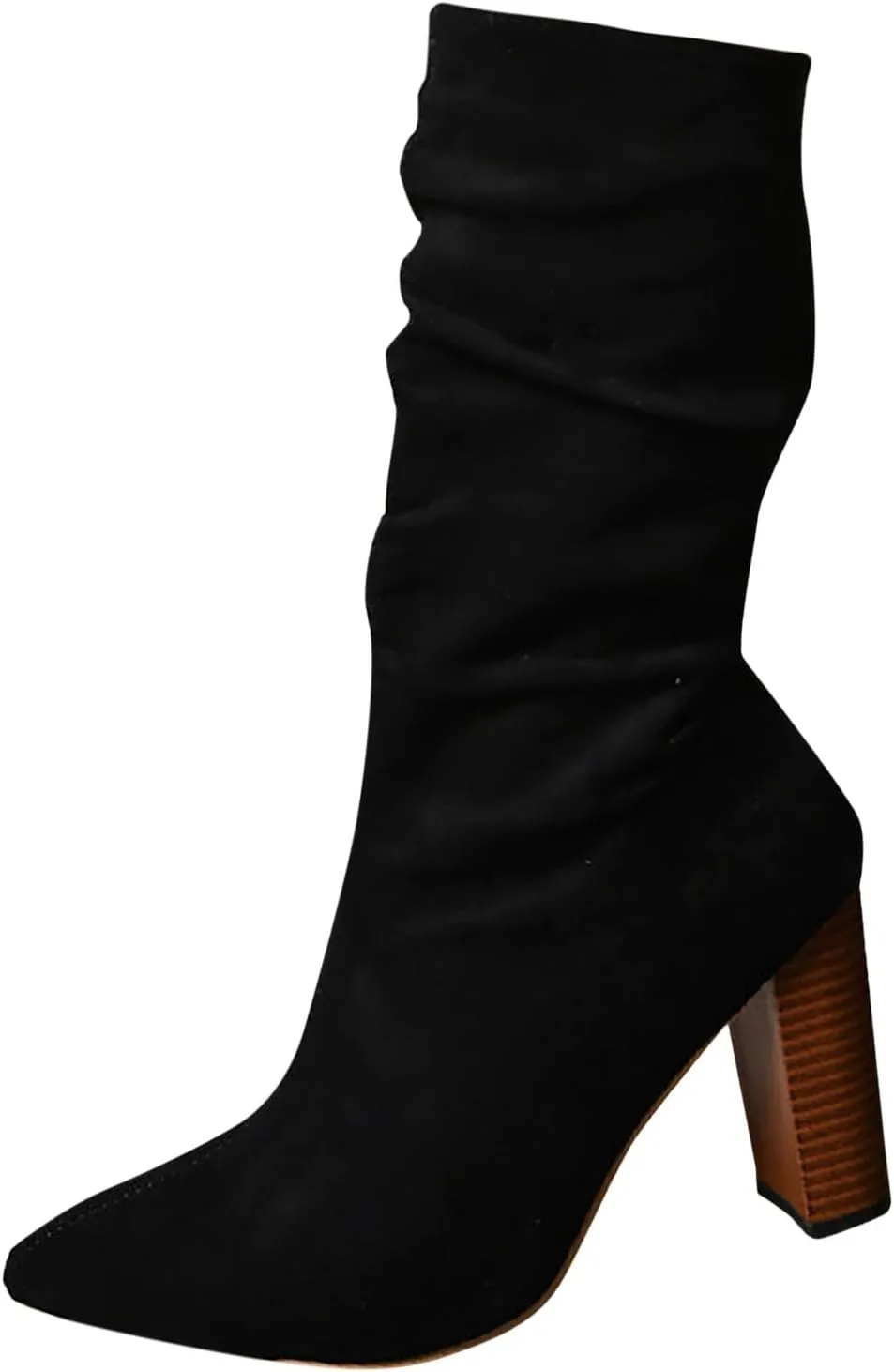 Women's Heel Mid Calf Boots Solid Flock Pointed Thick Heels Comfortable Slip On High Heels Tall Leather Boots Women