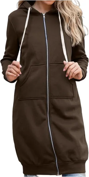 Womens Hoodies Casual Zip Up Hooded Jacket Oversized Drawstring Mid Length Sweatshirt with Pockets 2024 Fall