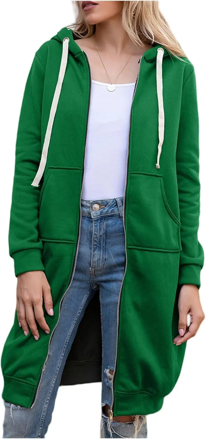 Womens Hoodies Casual Zip Up Hooded Jacket Oversized Drawstring Mid Length Sweatshirt with Pockets 2024 Fall