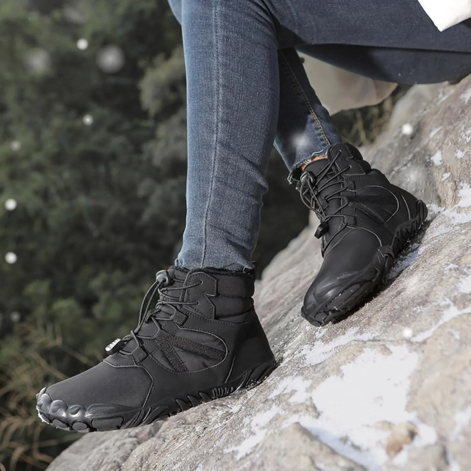 Womens Mens Snow Boots Warm Fur Lined Casual Winter Hiking Boots Anti-Slip Women Men Winter Boots Waterproof Backpacking Boots Outdoor Walking Shoes For Ladies Ankle Boots with Drawstring
