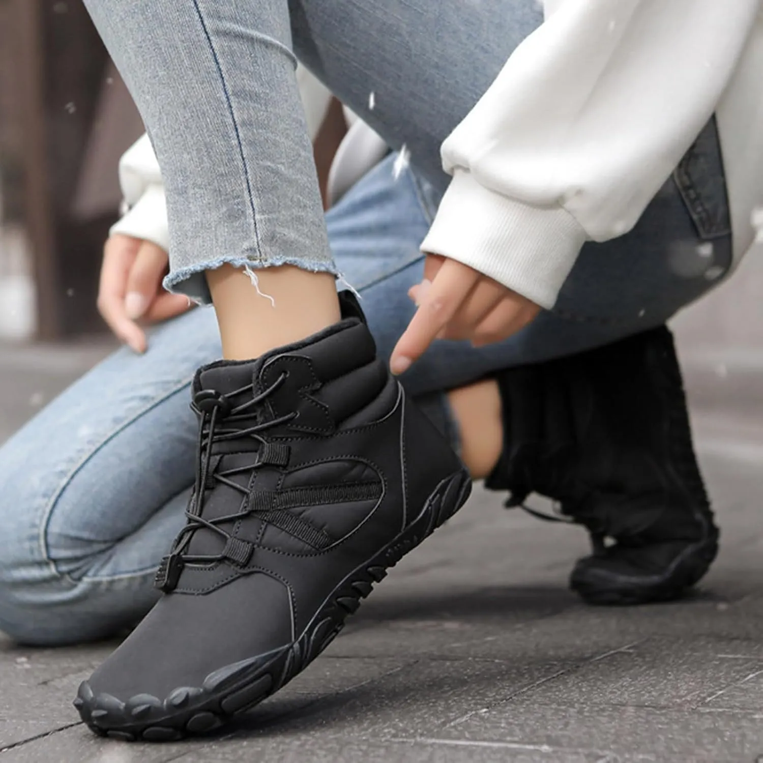 Womens Mens Snow Boots Warm Fur Lined Casual Winter Hiking Boots Anti-Slip Women Men Winter Boots Waterproof Backpacking Boots Outdoor Walking Shoes For Ladies Ankle Boots with Drawstring