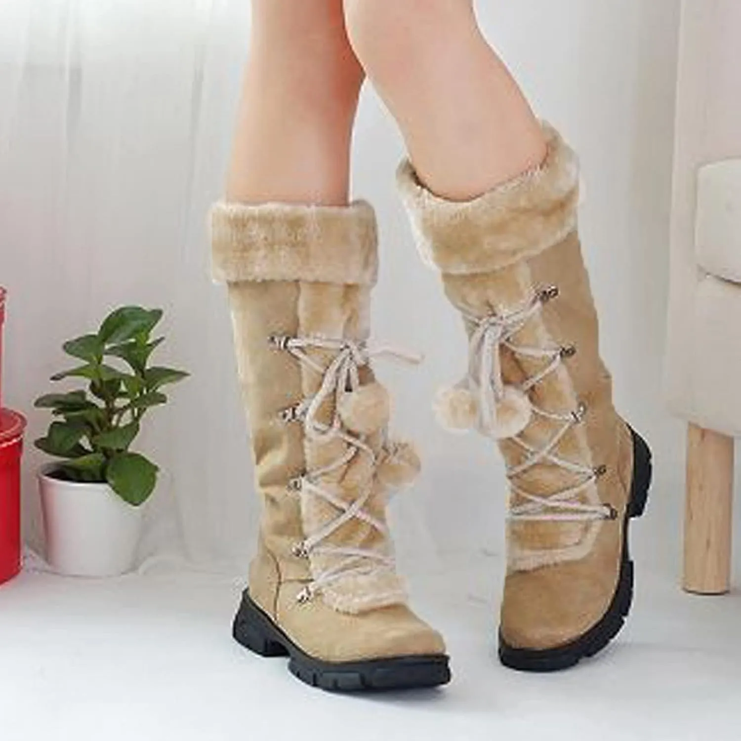 Women's Mid-Calf Winter Snow Boots,Faux Fur Waterproof Knee High Booties Ladies Comfortable Long Tall Boots Anti-Slip Outdoor Shoes Suede Round Toe Chunky Heel Side Zipper Dressy Booties