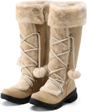 Women's Mid-Calf Winter Snow Boots,Faux Fur Waterproof Knee High Booties Ladies Comfortable Long Tall Boots Anti-Slip Outdoor Shoes Suede Round Toe Chunky Heel Side Zipper Dressy Booties