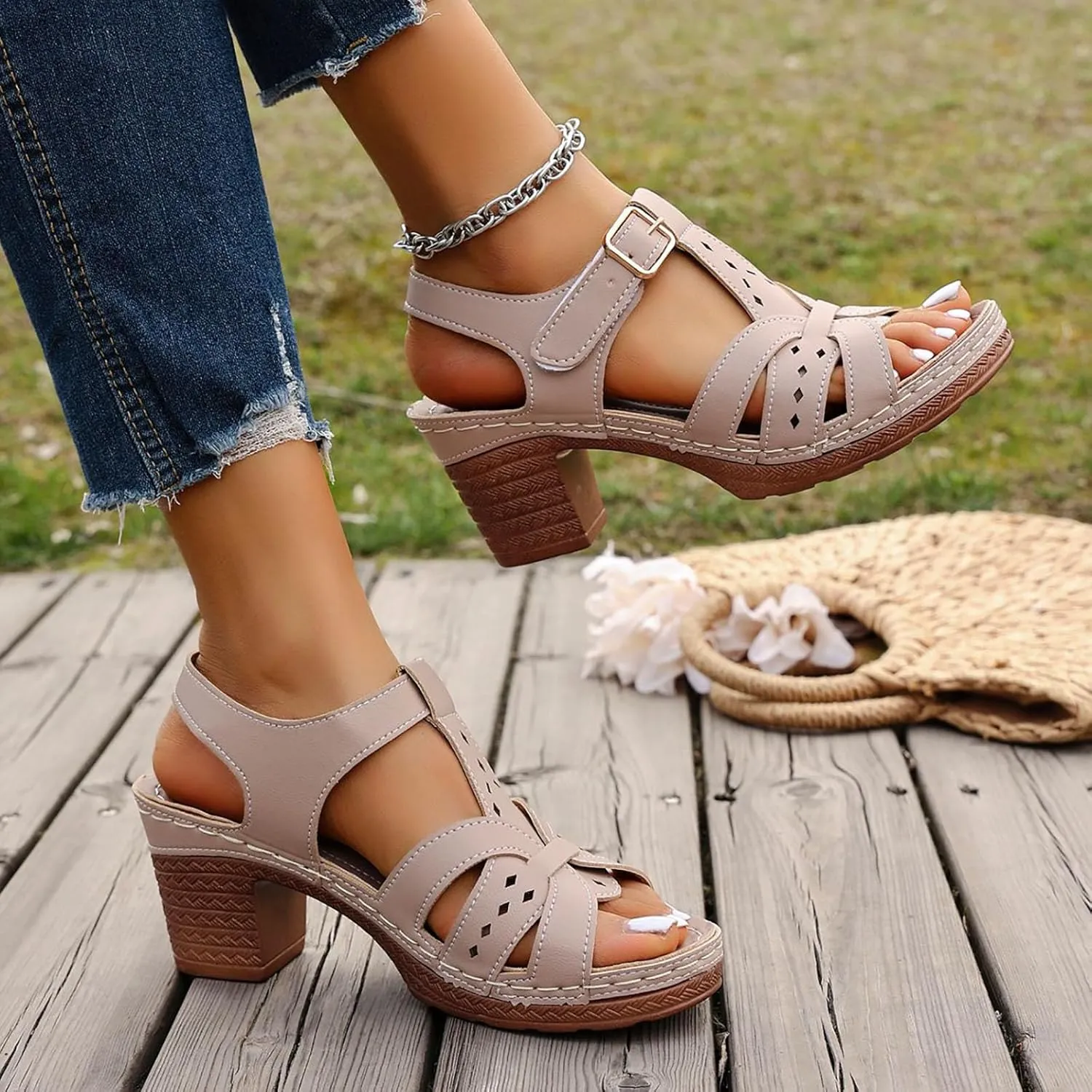 Women's Open Toe Heeled Sandal European And Sandals For Women New Summer Korean Version Of The Fish Mouth Thick Heel
