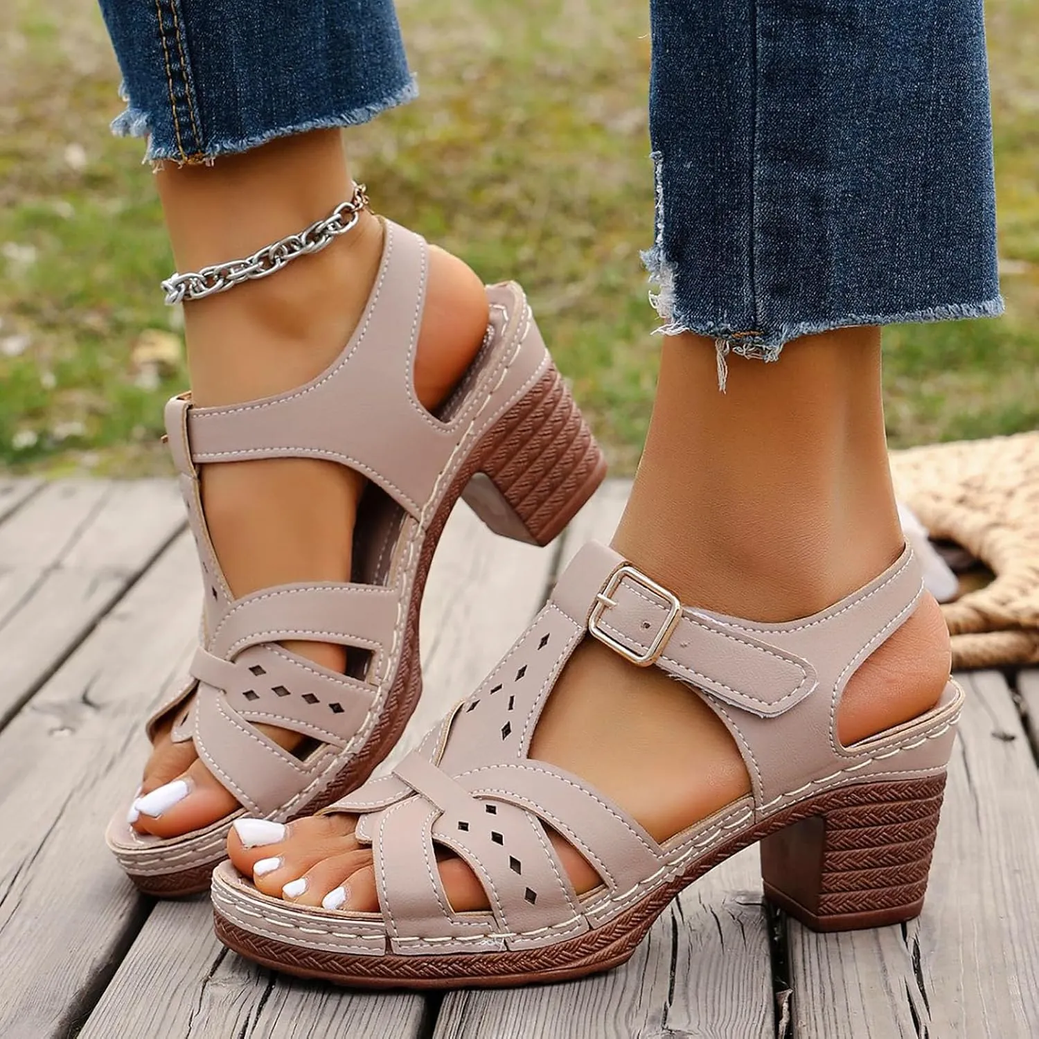 Women's Open Toe Heeled Sandal European And Sandals For Women New Summer Korean Version Of The Fish Mouth Thick Heel