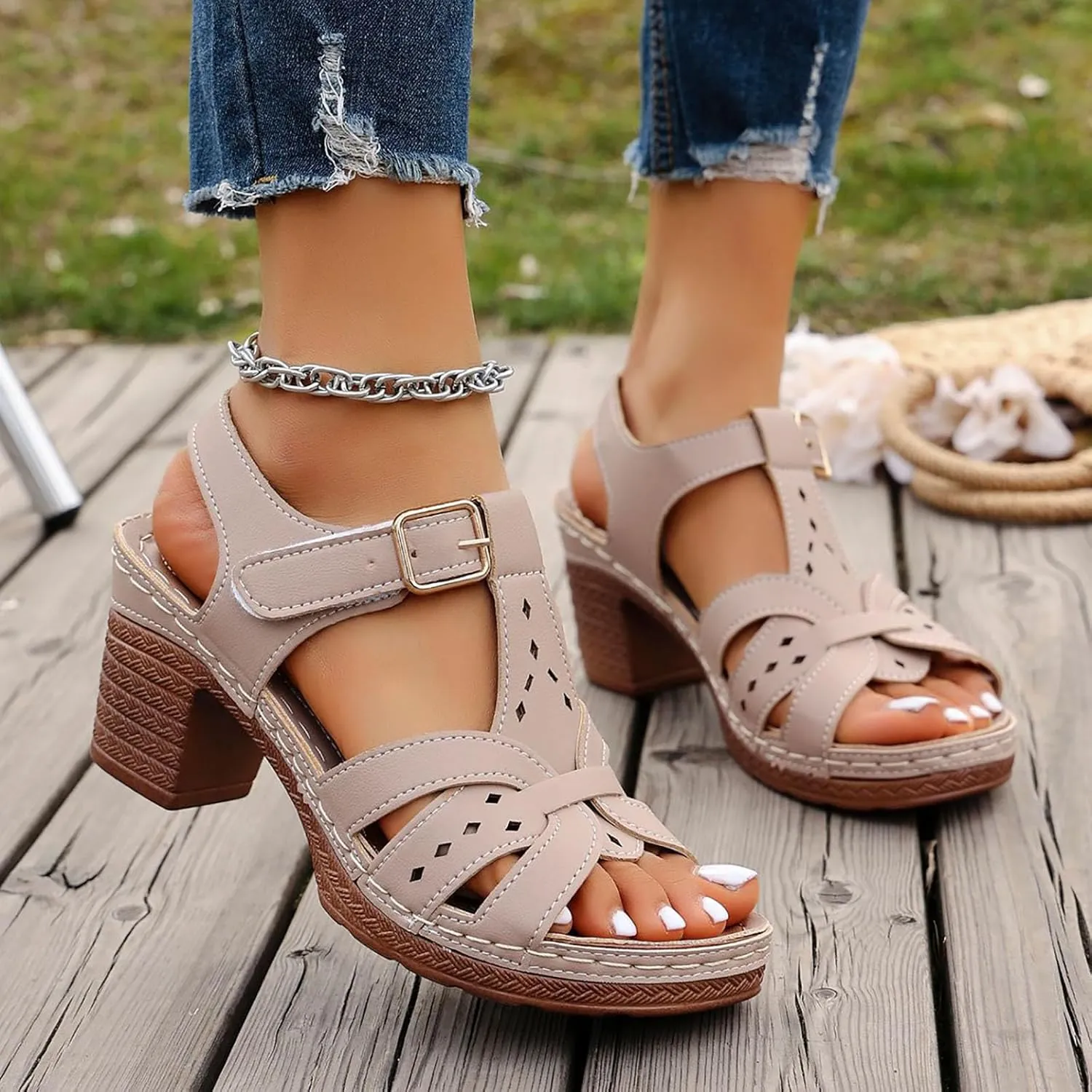 Women's Open Toe Heeled Sandal European And Sandals For Women New Summer Korean Version Of The Fish Mouth Thick Heel