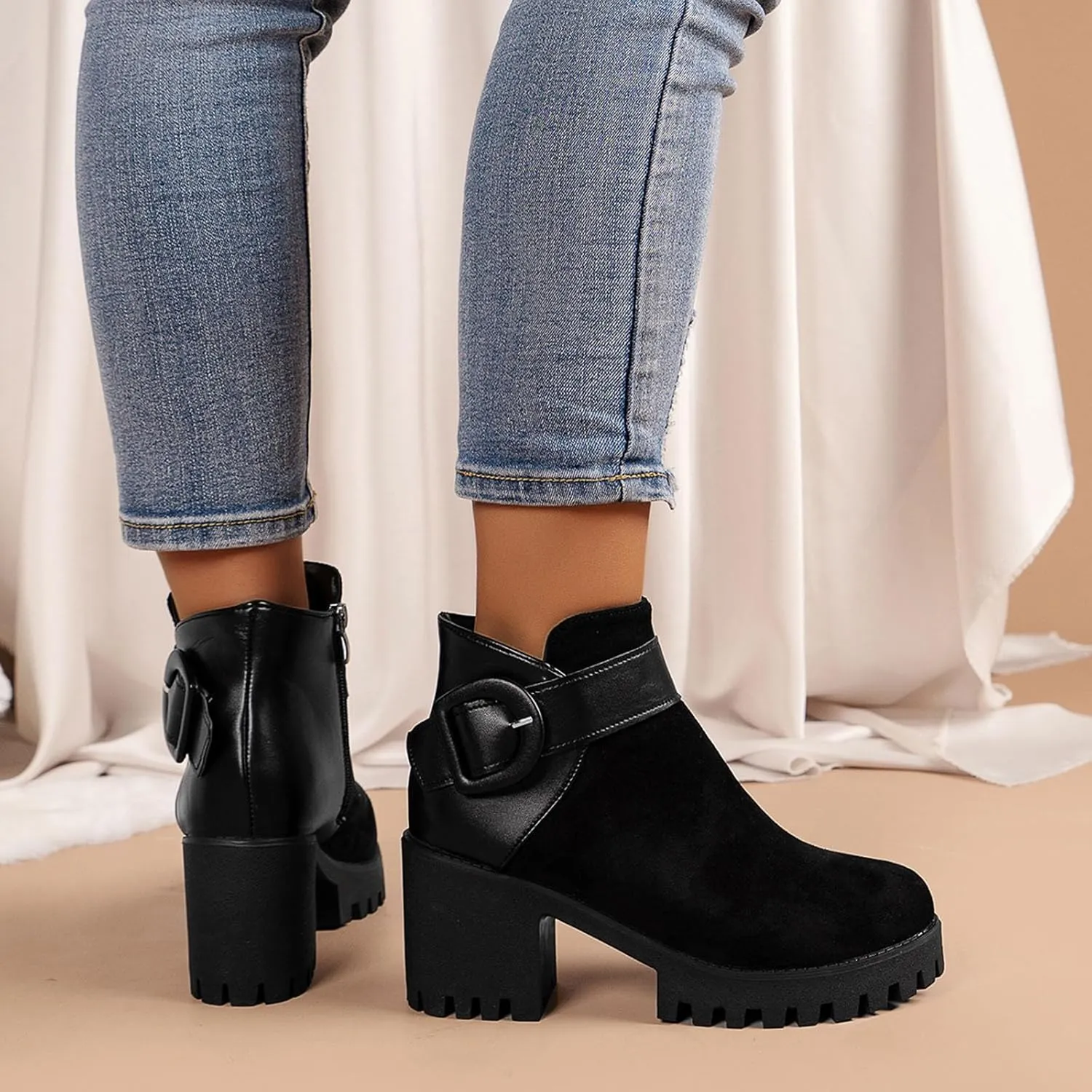 Womens Platform Ankle Boots Combat Boots for Women Chunky Heel Side Zipper Booties Round Toe Casual Buckle High Heel Ankle Boots Suede Slip On Short Boots for Christmas Party Work Travel