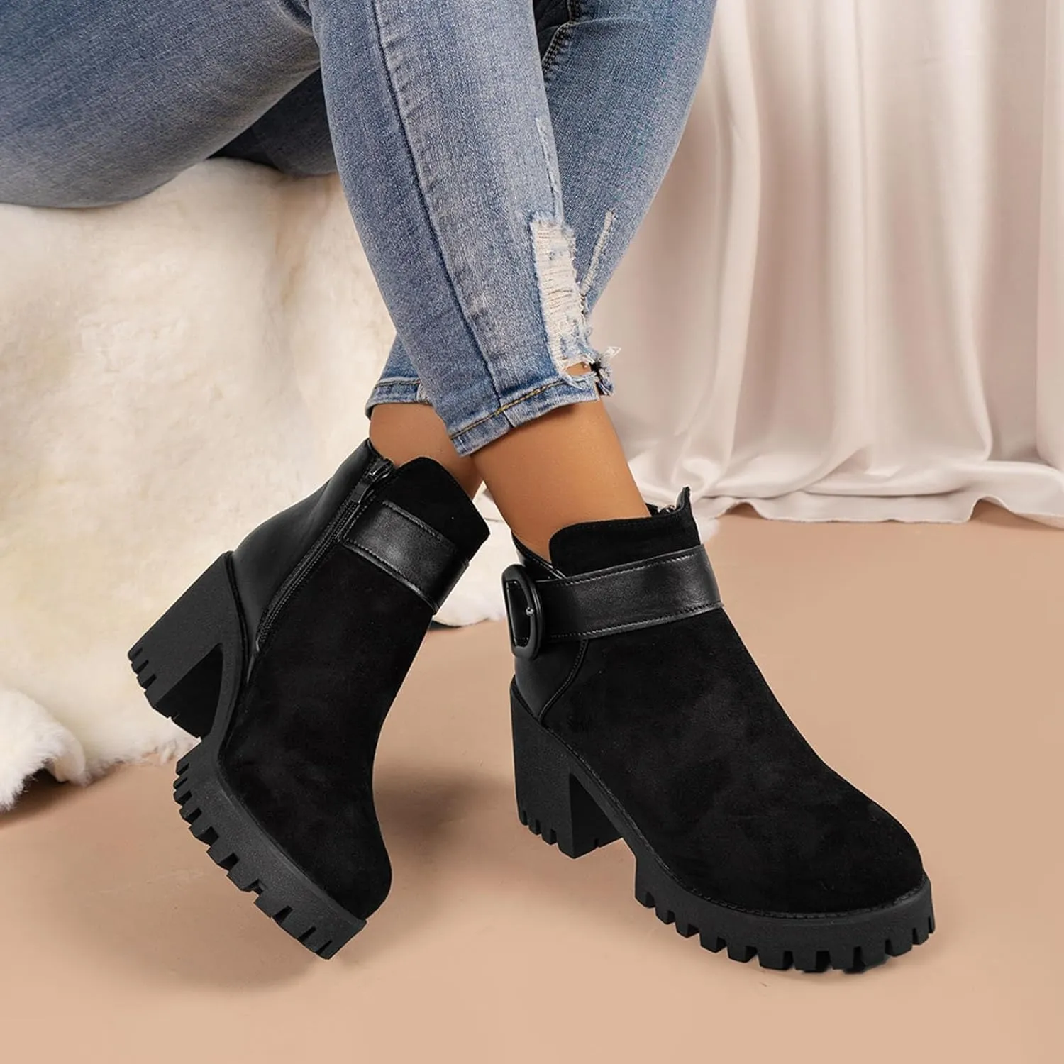 Womens Platform Ankle Boots Combat Boots for Women Chunky Heel Side Zipper Booties Round Toe Casual Buckle High Heel Ankle Boots Suede Slip On Short Boots for Christmas Party Work Travel