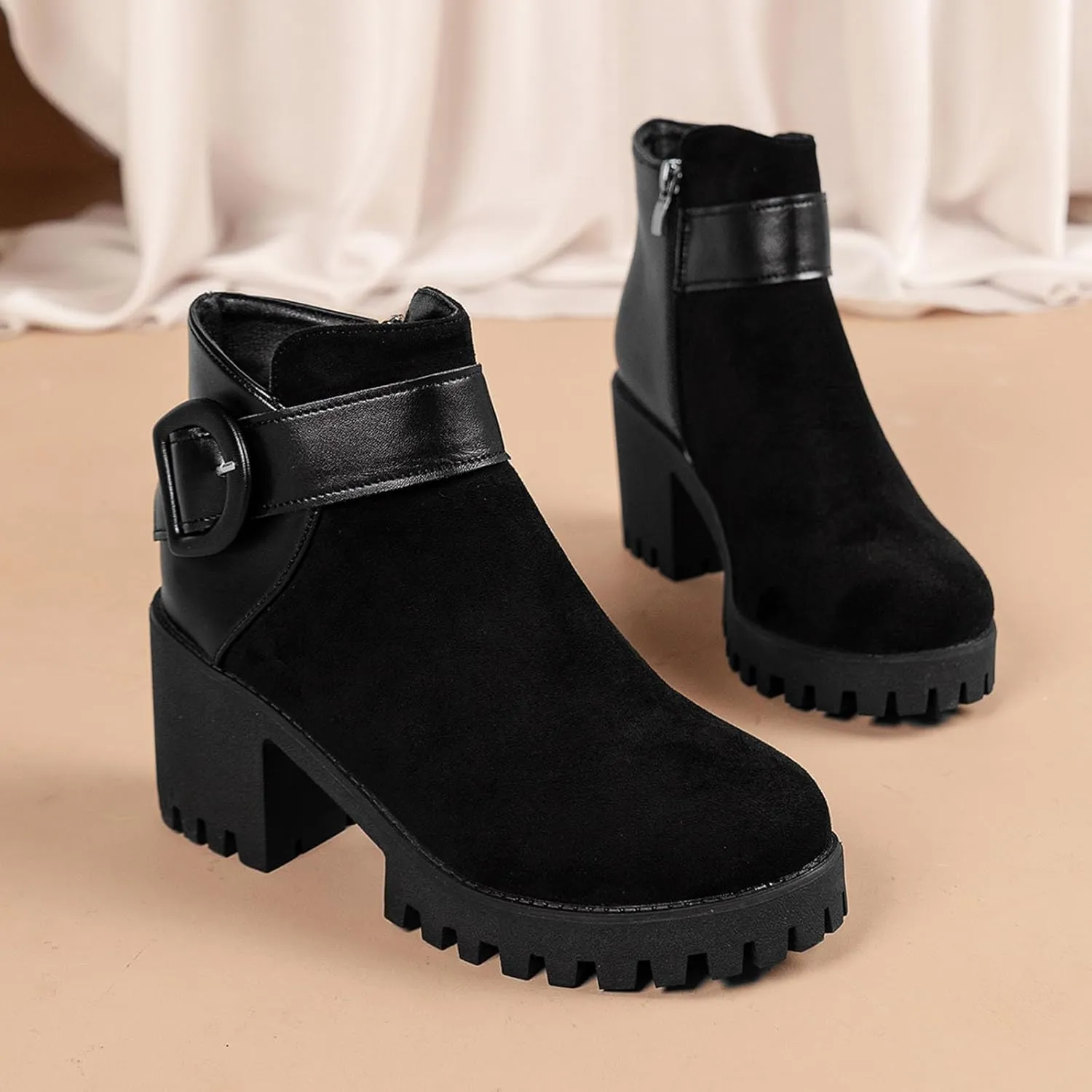 Womens Platform Ankle Boots Combat Boots for Women Chunky Heel Side Zipper Booties Round Toe Casual Buckle High Heel Ankle Boots Suede Slip On Short Boots for Christmas Party Work Travel
